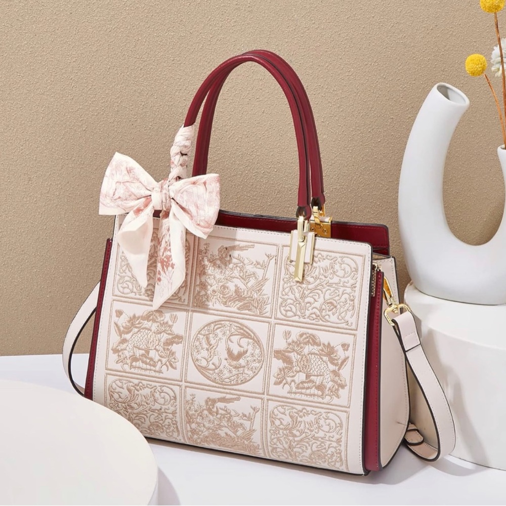 Genuine Leather Embroidered top handle crossbody taupe handbag womens handbag